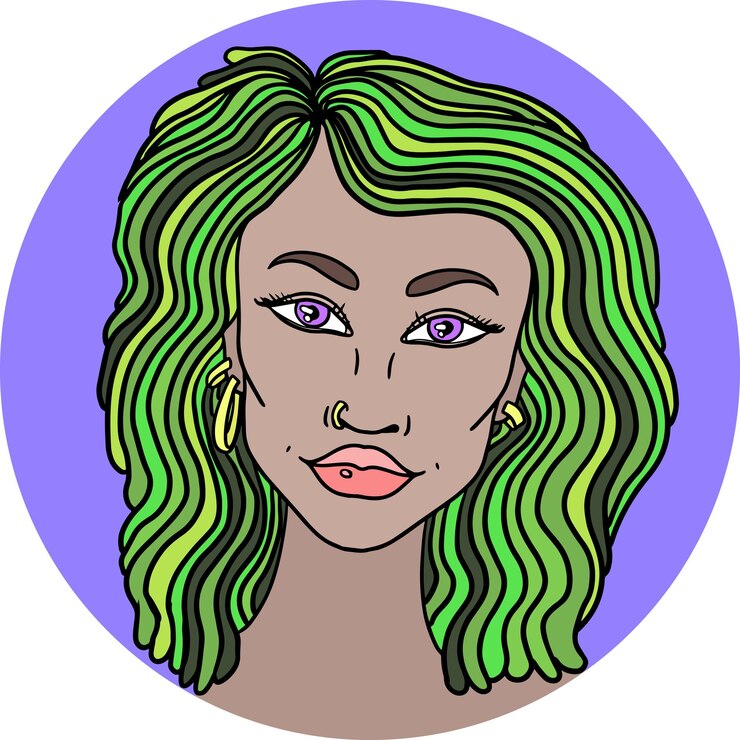 Vetor menina desenhada à mão com cabelo verde e brincos de ouro