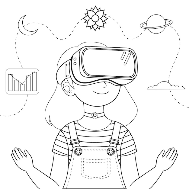 Vetor menina desenhada à mão usando ilustração de livro de colorir de realidade virtual