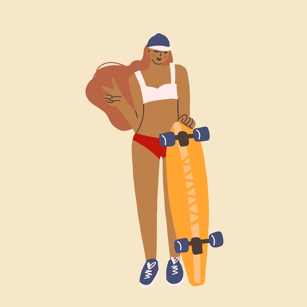 Menina do skate no boné de beisebol com seu próprio longboard