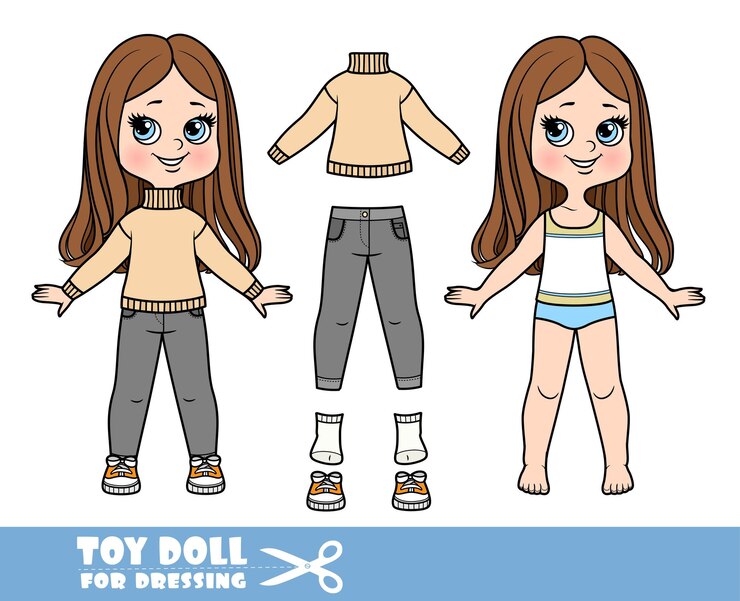 Vetor menina dos desenhos animados com cabelos lisos vestidos e roupas separadamente bege suéter quente jeans e tênis boneca para vestir