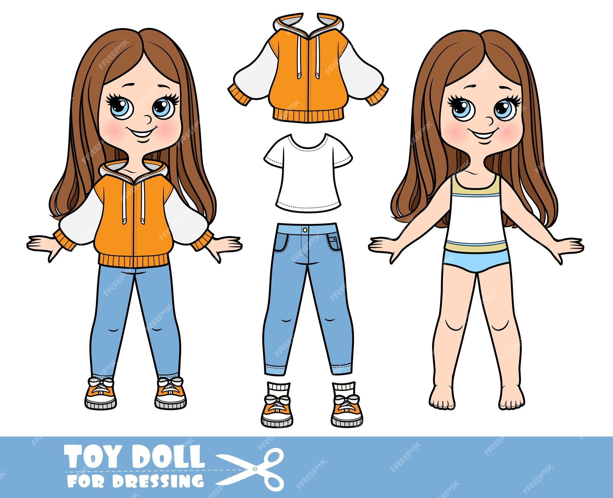 mulher dos desenhos animados em top cropped rosa e calça estampada. boneca  de papel fofa em roupas coloridas da moda. jogo de vestir. 9879544 Vetor no  Vecteezy