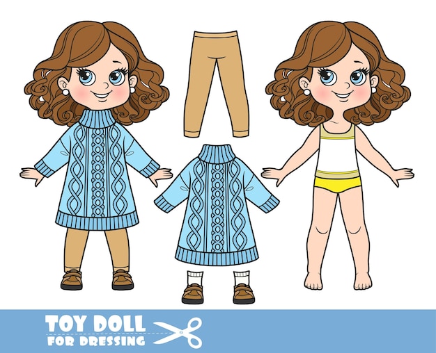Vetor menina dos desenhos animados com exuberante penteado castanho encaracolado vestido e roupas separadamente grande suéter longo com um ornamento leggings e botas boneca para vestir