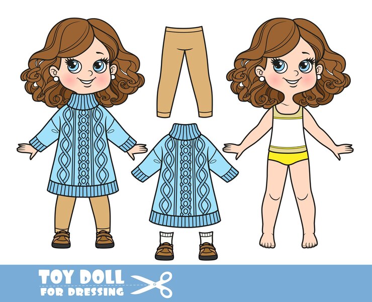 Vetor menina dos desenhos animados com exuberante penteado castanho encaracolado vestido e roupas separadamente grande suéter longo com um ornamento leggings e botas boneca para vestir