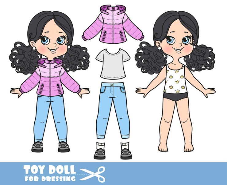 Vetor menina dos desenhos animados com penteado de rabo de cavalo preto vestido e roupas separadamente jaqueta quente camiseta jeans e boneca de botas para vestir