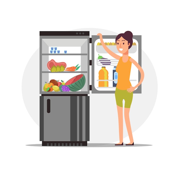 Menina dos desenhos animados de aptidão na geladeira com alimentos saudáveis
