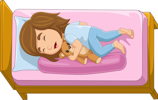 Menina dos desenhos animados dormindo com urso de pelúcia na cama