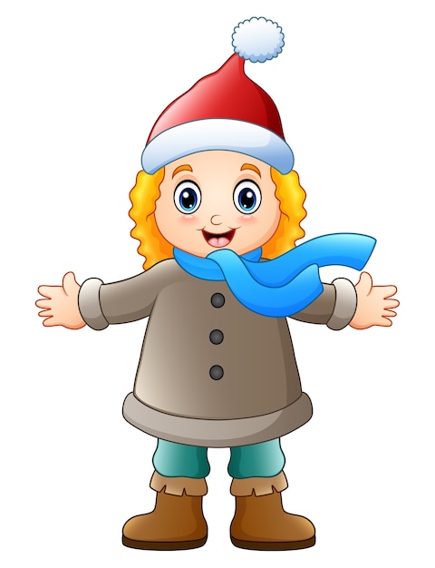 Vetor menina dos desenhos animados em roupas de inverno acenando