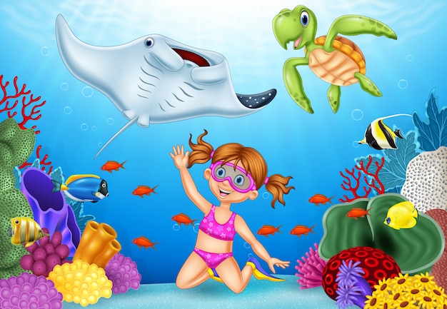 Vetor menina dos desenhos animados, mergulho no mar tropical subaquática