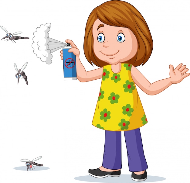 Menina dos desenhos animados, pulverizando um mosquito