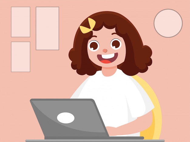 Vetor menina dos desenhos animados usando o laptop em fundo pêssego.