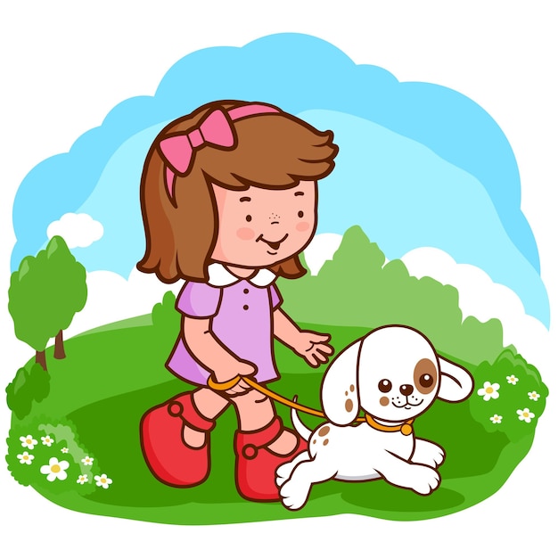 Menina e cachorro caminhando no parque Proprietário de animal de estimação criança levando seu cachorrinho para uma caminhada