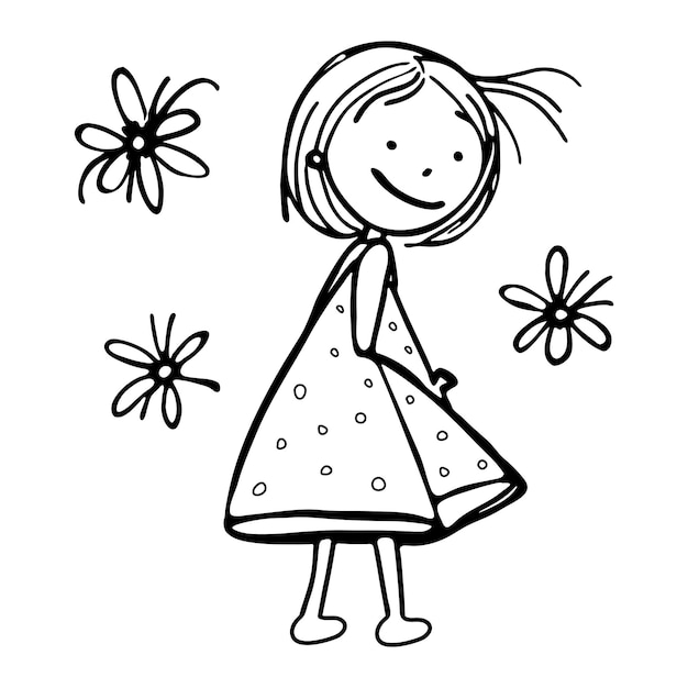 Vetor menina e flores no estilo do doodle