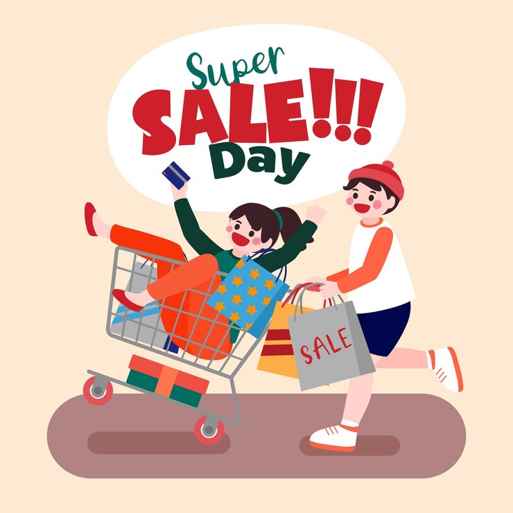 Menina e menino empurram o carrinho de compras e carregam o saco de compras em ilustração vetorial de eventos de super venda