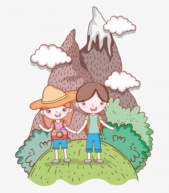 Menina e menino na montanha com aventura de aventura