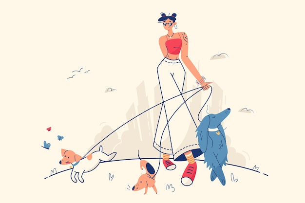 Menina elegante andando com cães ilustração vetorial mulher andando no parque ao ar livre com animais domésticos estilo plano lazer diversão fim de semana conceito de tempo livre isolado