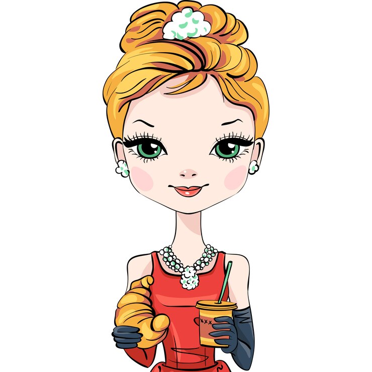 Vetor menina elegante moderna elegantemente vestida de vetor com café e croissant.