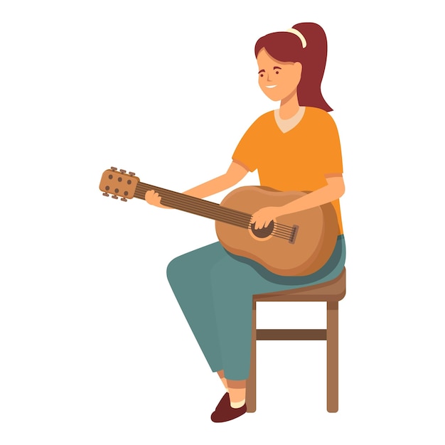 Menina em um banquinho tocando guitarra ícone vetor de desenho animado Nova lição