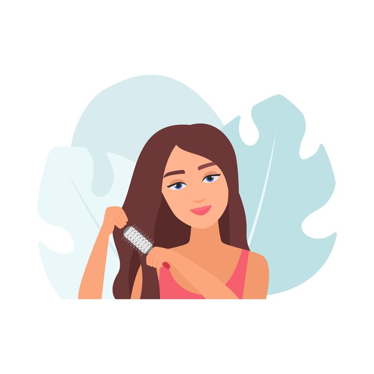 Vetor menina escovando o cabelo com uma escova redonda para endireitar os fios e estilo
