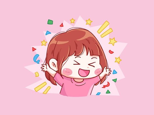 Vetor menina excitada fofa e kawaii com expressão feliz hooray manga chibi ilustração