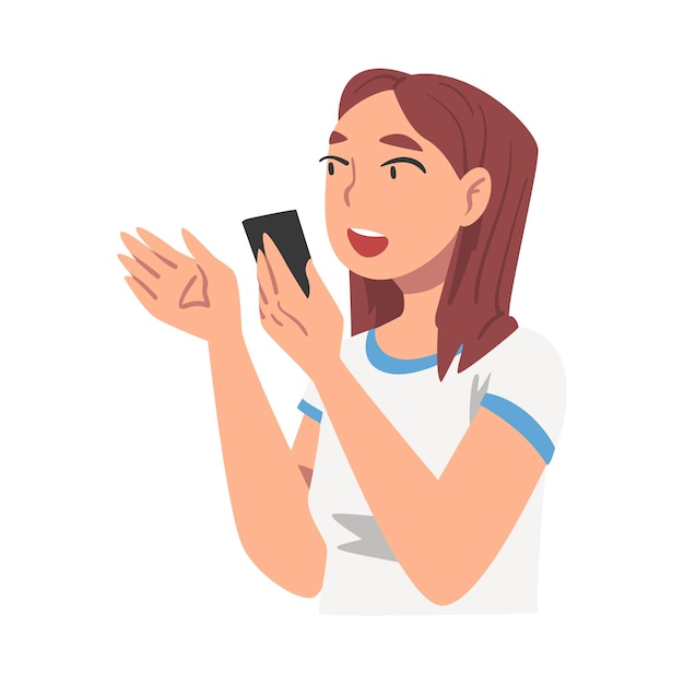 Menina falando no telefone Mulher se comunicando usando smartphone Ilustração vetorial de desenho animado