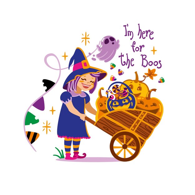Menina fantasiada de bruxa carrega um carrinho com abóboras. Ilustração de dia das bruxas.