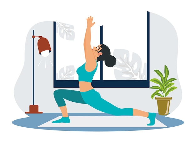 Menina fazendo exercícios aeróbicos e meditação matinal em casa