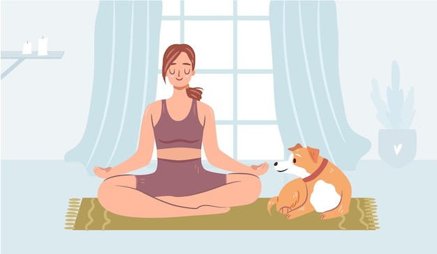 Menina fazendo ioga com um cachorro em um tapete mulher feliz meditando em uma casa aconchegante cachorro engraçado em uma coleira