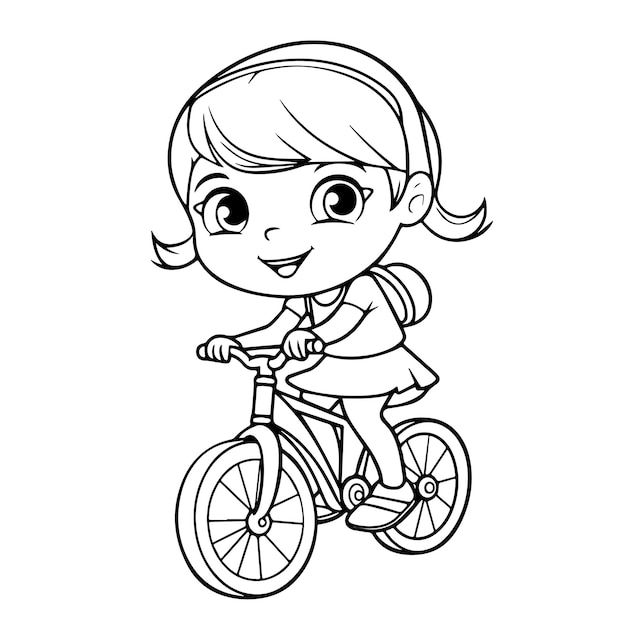Vetor menina feliz andando de bicicleta vetor preto e branco página de coloração clipart de arte de linha
