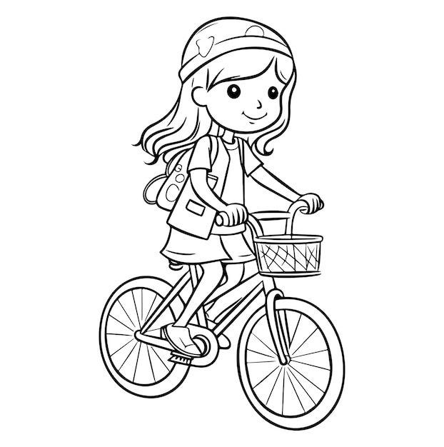 Vetor menina feliz andando de bicicleta vetor preto e branco página de coloração clipart de arte de linha