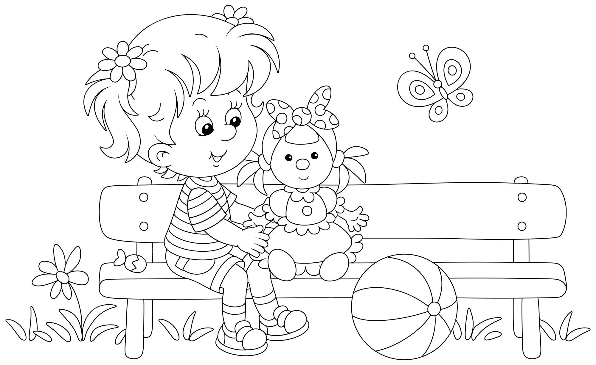 Boneca De Desenho Animado Ou Garotinha Para Colorir Página Ou Livro.  Conceito De Brinquedo Infantil. Ilustração a Preto E Branco Ilustração  Stock - Ilustração de feliz, boneca: 201256087