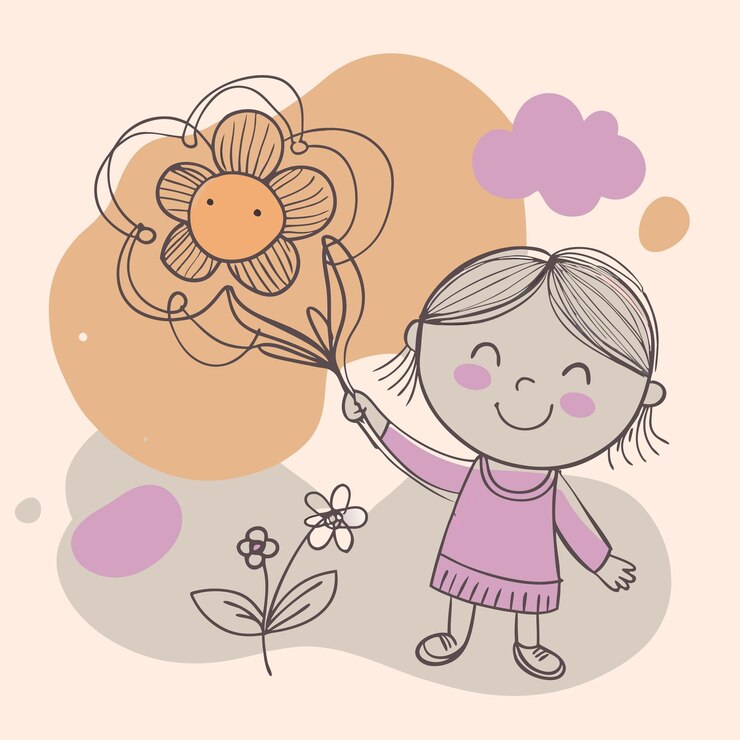 Vetor menina feliz com flor uma ilustração caprichosa