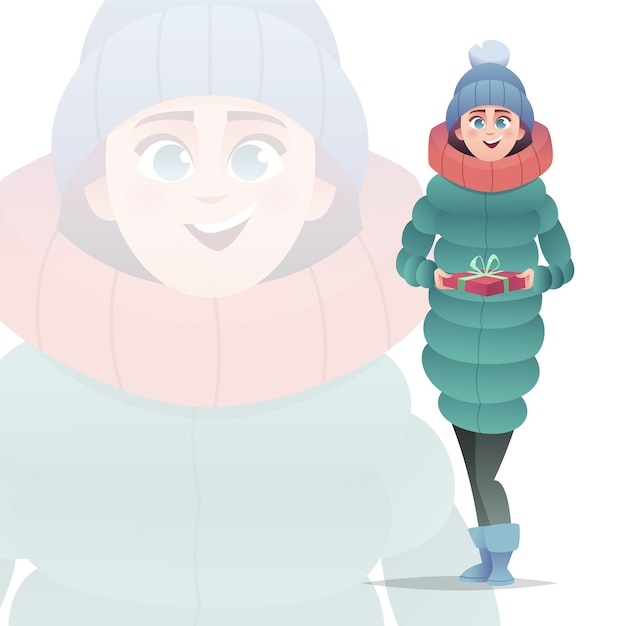 Menina feliz da beleza na moda de inverno com um presente estilo plano moderno dos desenhos animados