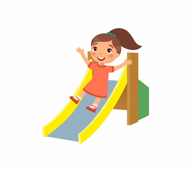 Menina feliz desliza para fora do slide infantil. criança alegre