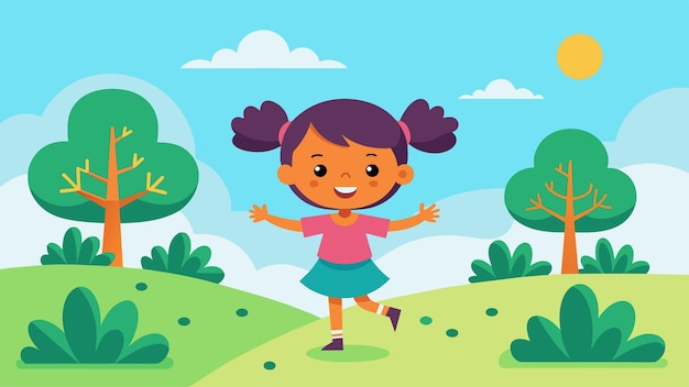 Vetor menina feliz dos desenhos animados brincando ao ar livre em uma ilustração vetorial de parque ensolarado