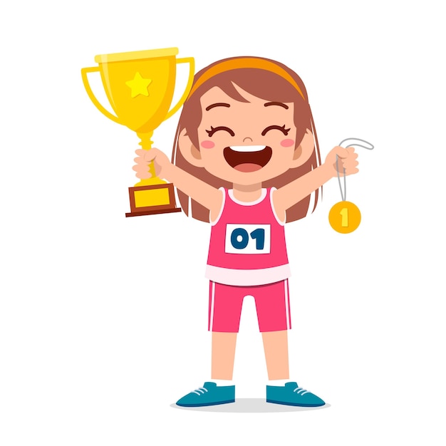 Menina feliz e fofa segurando medalha de ouro e troféu