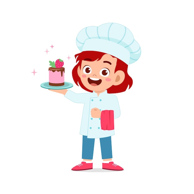 Menina feliz e fofa usando uniforme de chef e cozinhando um bolo de aniversário