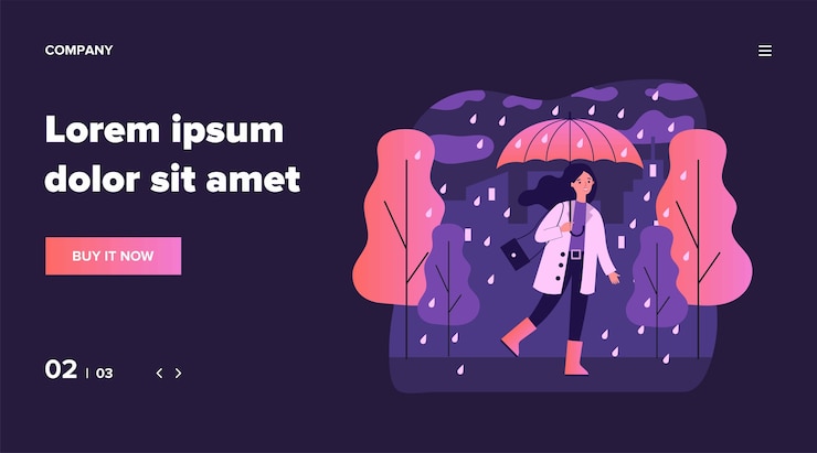 Vetor menina feliz e sorridente com guarda-chuva andando na ilustração de dia chuvoso. mulher ficar ao ar livre na queda do tempo. personagem feminina vai na chuva. conceito de estação, outono e paisagem