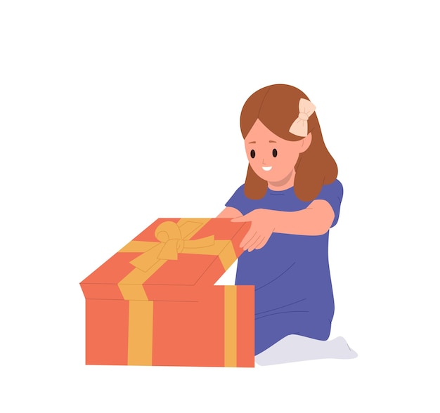 Vetor menina feliz, personagem de desenho animado, abrindo a caixa de presentes, sentindo-se surpresa e espantada, isolada em fundo branco, menina sorridente e bonita recebendo um presente embrulhado de festa no aniversário ou no natal