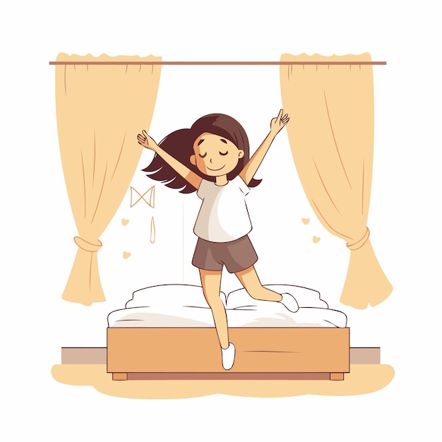 Vetor menina feliz pulando na cama ilustração vetorial de desenho animado bonito