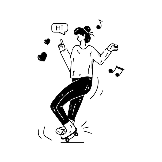 Menina gosta de patinar ilustrações desenhadas à mão