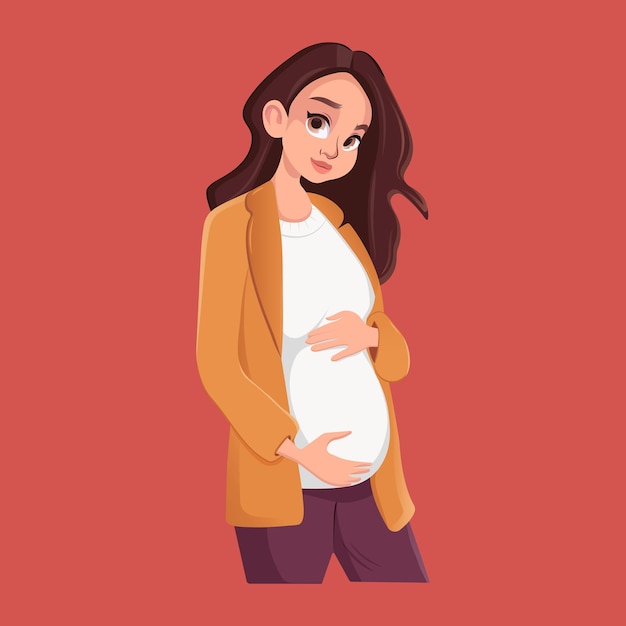 Menina grávida segura sua barriga Mulher jovem esperando um bebê Ilustração vetorial em estilo de desenho animado
