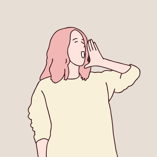 Menina gritando e gritando alto a lado com a mão na boca simples ilustração de estilo coreano