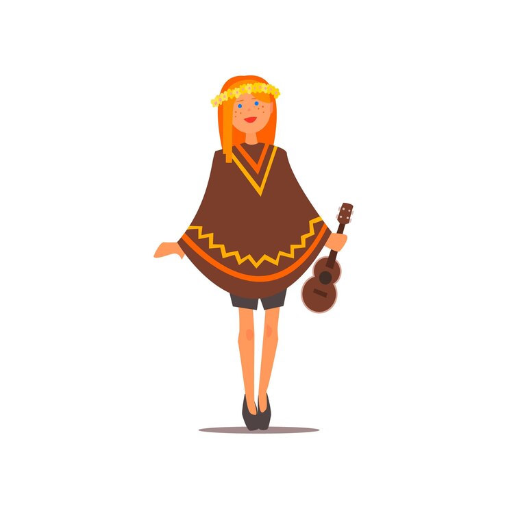 Vetor menina hippie com uma guitarra isolado estilo primitivo design ilustração vetorial no fundo branco