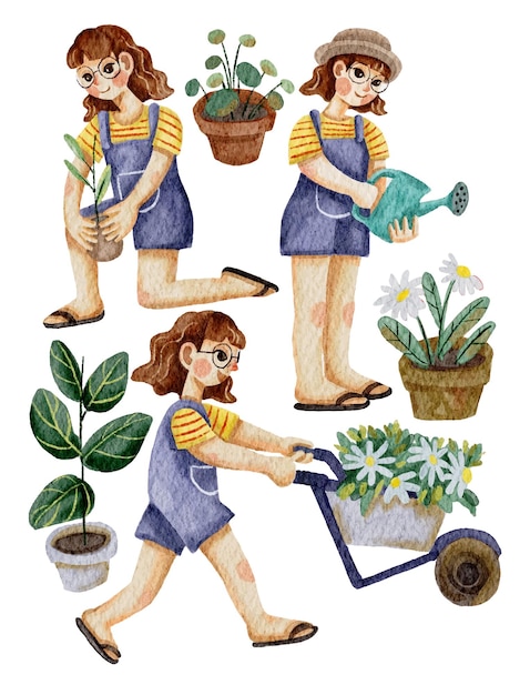 Vetor menina jardinagem ilustração aquarela clipart