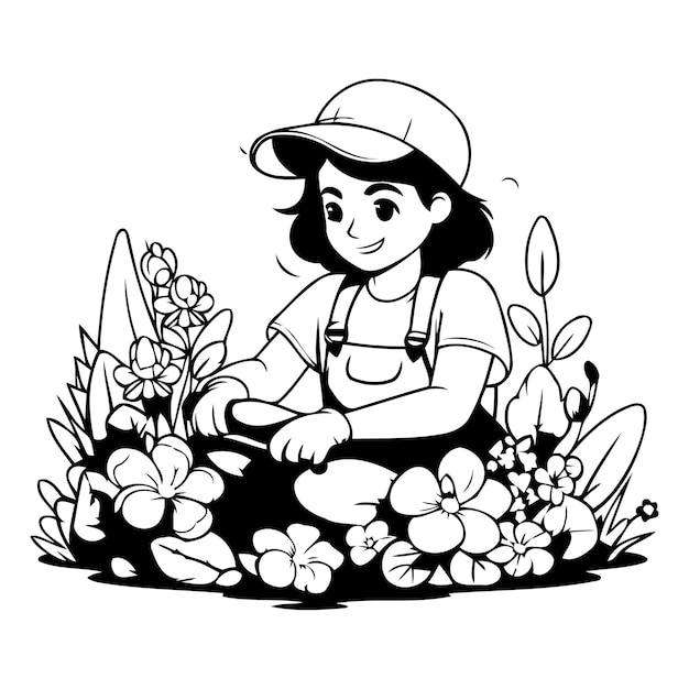 Vetor menina jardineira com flores ilustração vetorial em estilo desenho animado