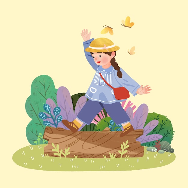 Menina jogando jogo de equilíbrio caminhando em uma grande vara de árvore