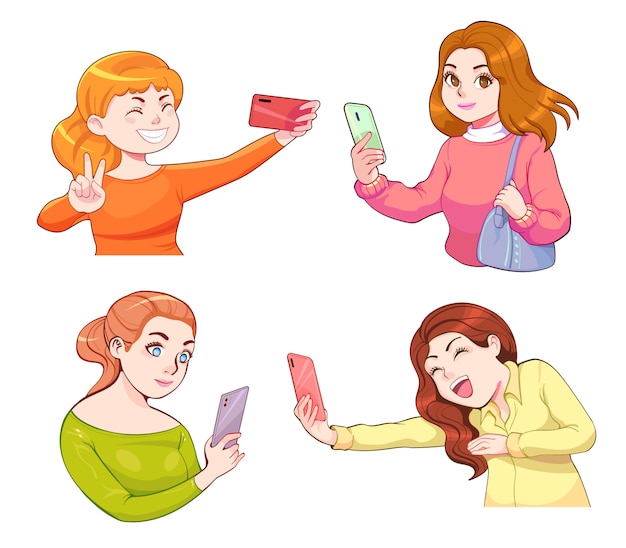 Vetor menina kawaii segurando o celular, usando o celular para selfie. mulher bonita sorrindo, posando, olhando para o smartphone. conjunto feliz dos desenhos animados