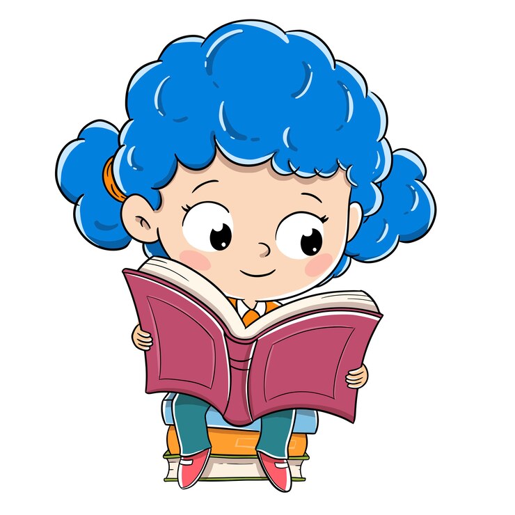 Vetor menina lendo sentado sobre uma pilha de livros