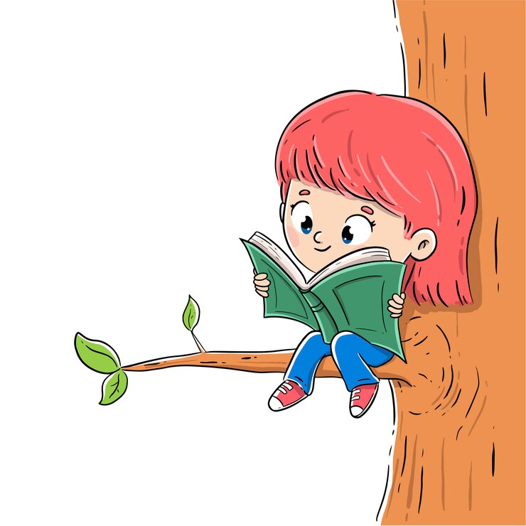 Vetor menina lendo um livro com sentado em um galho com fundo branco