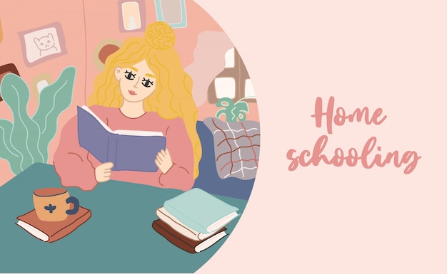 Menina lendo um livro enquanto está sentado em um sofá em casa. Mão desenhada ilustração moderna. Cores pastel. Educação em casa, escolaridade.